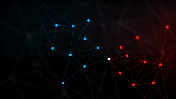 Abstract network of blue and red dots connected by lines