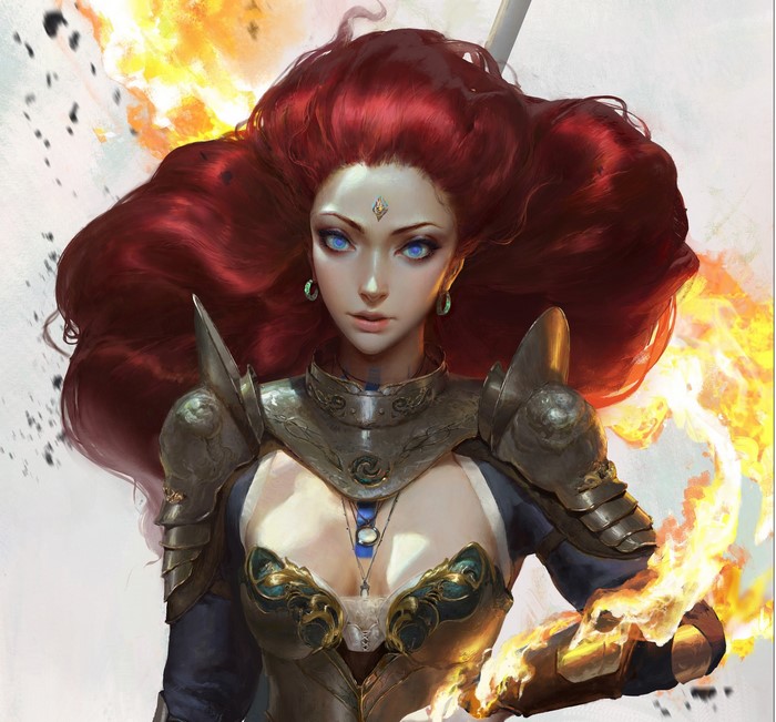 Woman with red hair and blue eyes wielding fire