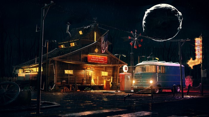 Retro gas station at night with a Mercedes-Benz van