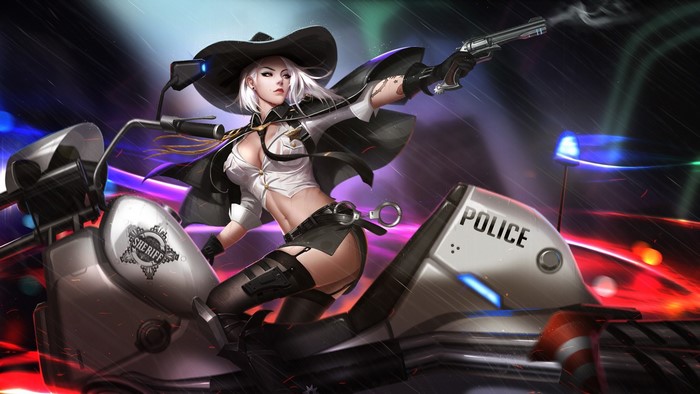 Ashe from Overwatch on a police motorcycle
