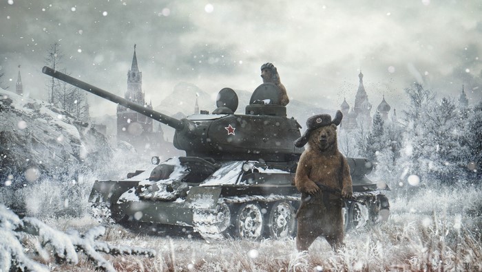Bears in a tank in a snowy Russian landscape