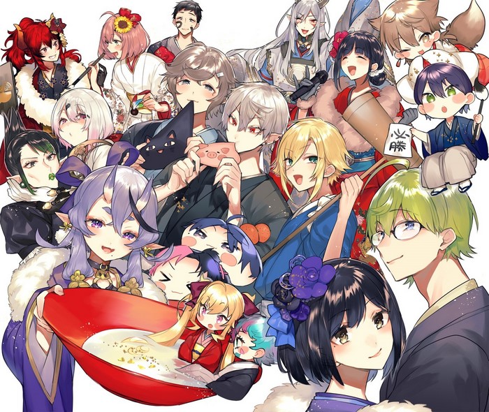 Group of anime characters in traditional Japanese clothing