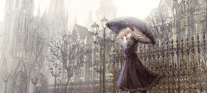 Anime girl with umbrella in snowy city