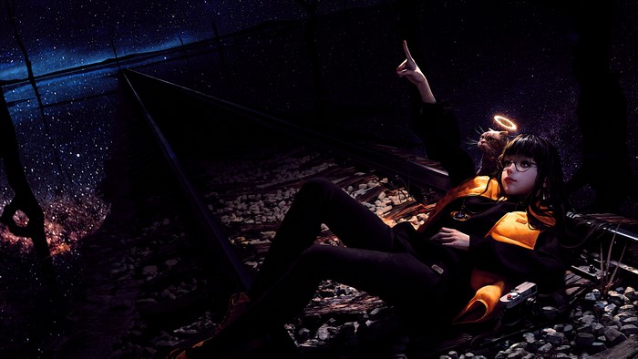 Girl with cat and halo on railway under stars