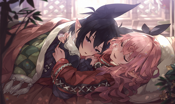 Two anime girls sleeping together