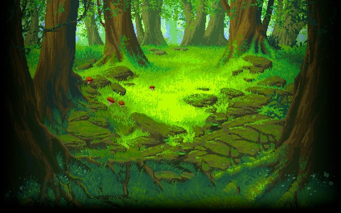 Pixel art forest clearing with mossy stones and mushrooms