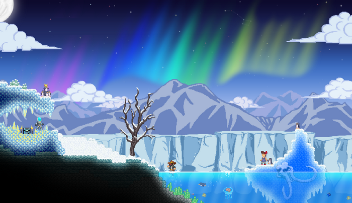 Starbound pixel art landscape with aurorae and characters