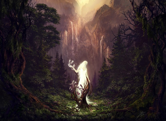 Fantasy girl in a magical forest with waterfalls