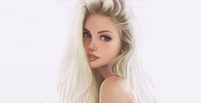 Artwork portrait of a blonde woman with freckles