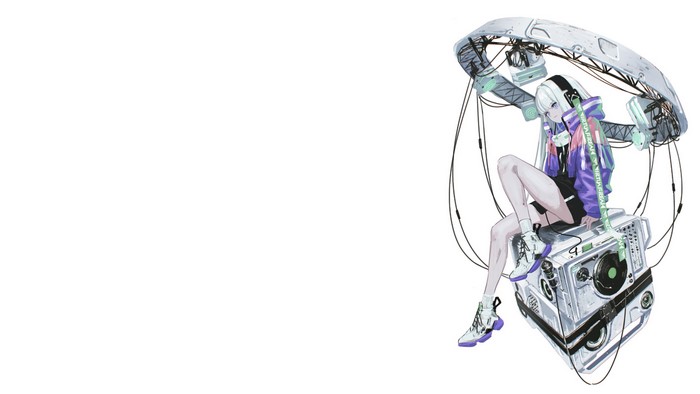 Anime girl with headphones sitting on a boombox