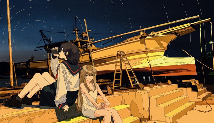 Two anime girls by a boat at night