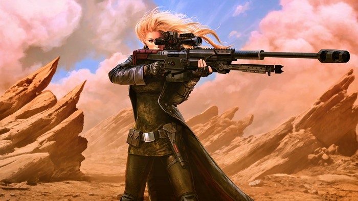 Woman with sniper rifle in desert landscape