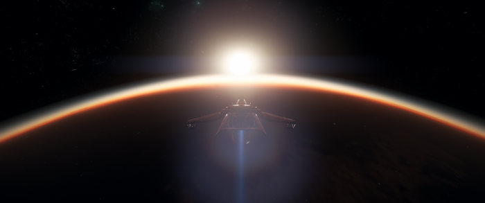 Spaceship approaching a planet during sunrise in Star Citizen