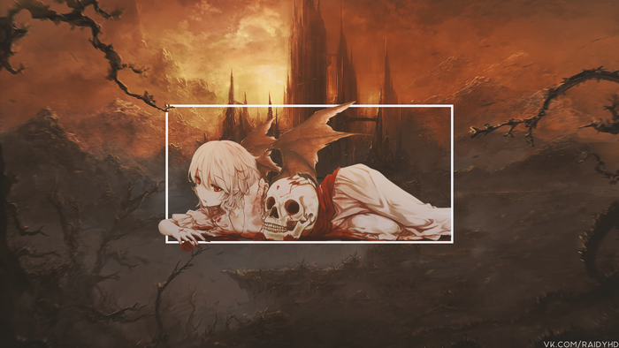 Anime girl with skull in dark fantasy landscape