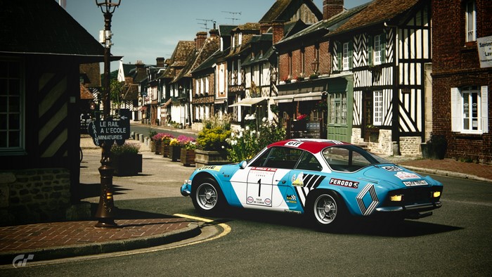 Renault Alpine rally car in a European village