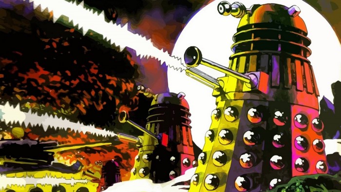Daleks from Doctor Who firing weapons