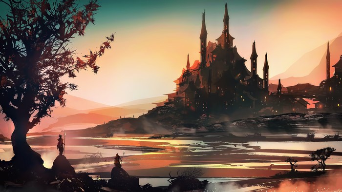 Fantasy castle landscape with figures and tree