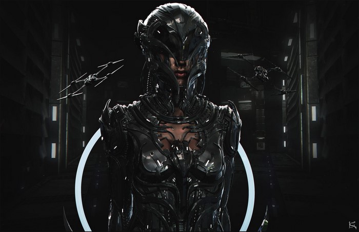 Cyborg woman in futuristic armor with drones