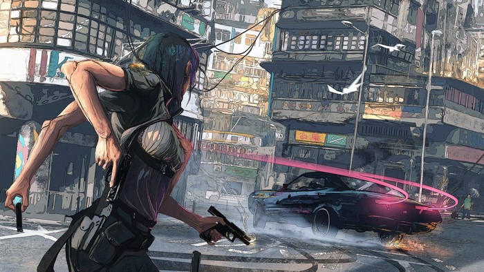 Woman with gun in cyberpunk city with car