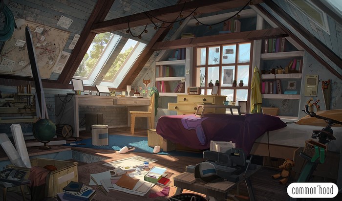 Anime attic room with desk, bed, and maps