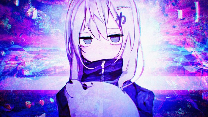 Anime girl with plush toy, glitch art style