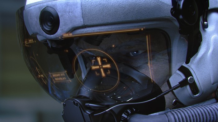 Ace Combat 7 pilot with helmet and HUD