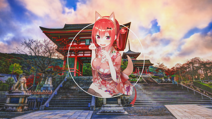 Anime girl with cat ears in front of Japanese temple
