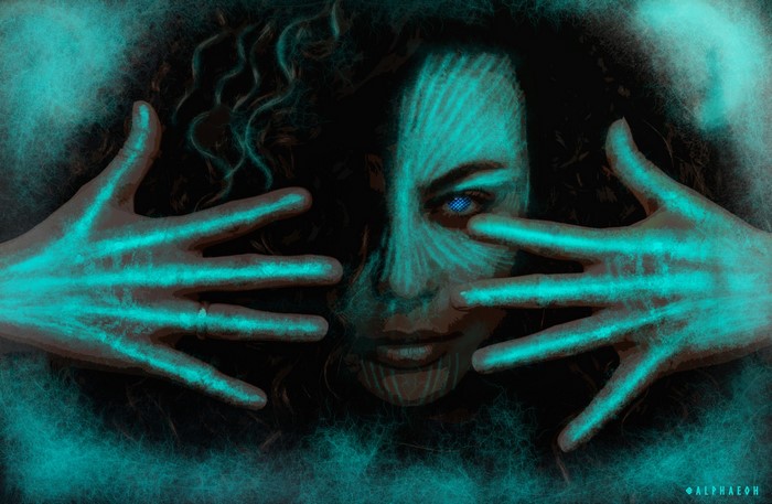 Woman with glowing blue eyes and hands