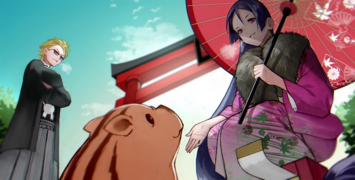 Minamoto no Yorimitsu from Fate/Grand Order with a boar and a torii gate