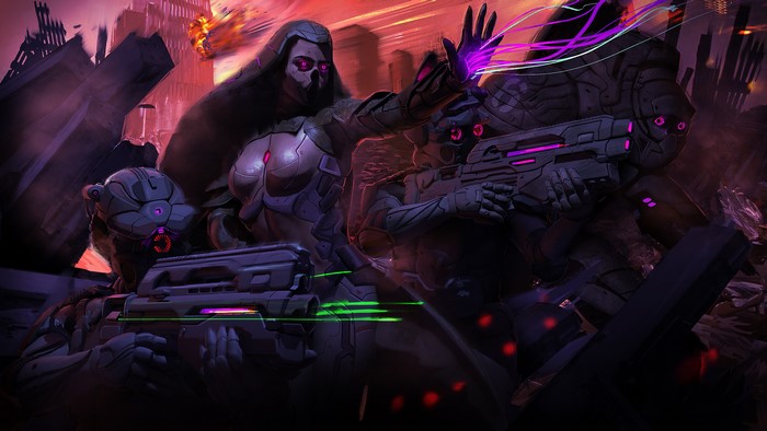 Apocalyptic scene with futuristic soldiers and destruction