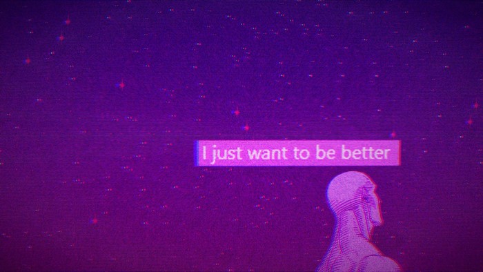 Man looking at text in a starry purple sky