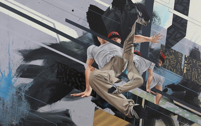 Painting of a breakdancer in motion with abstract background