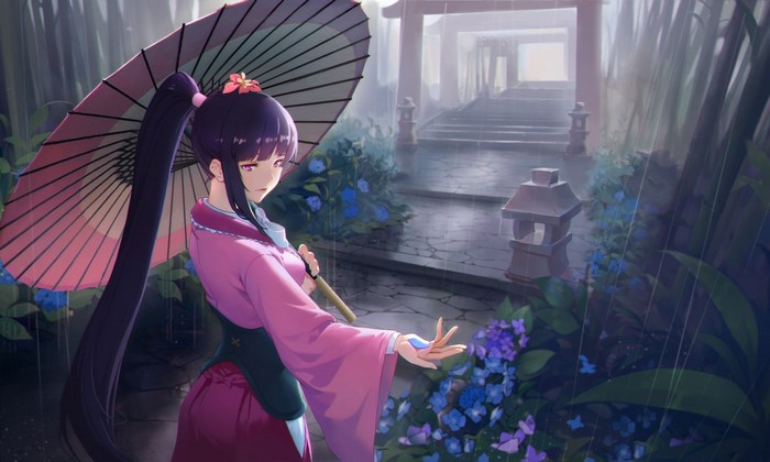 Yomogawa Ayame from Koutetsujou no Kabaneri with umbrella in rain
