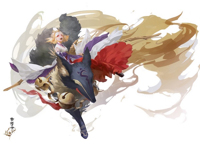 Anime girl riding a fox spirit