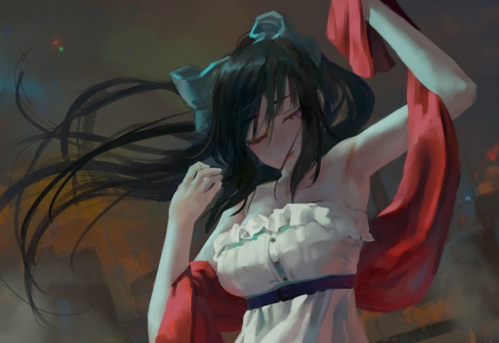 Anime girl with long dark hair and purple eyes