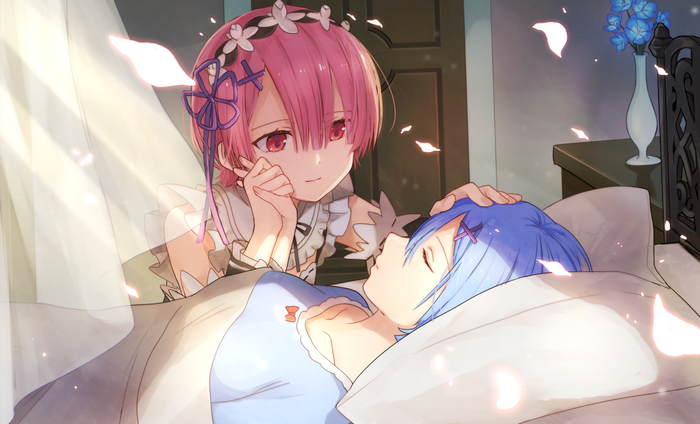 Ram and Rem from Re:Zero in bed