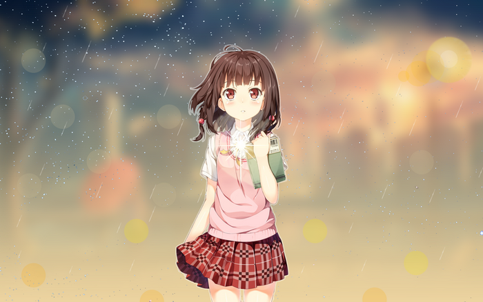 Anime Girl Under Rain with Sparkling Light