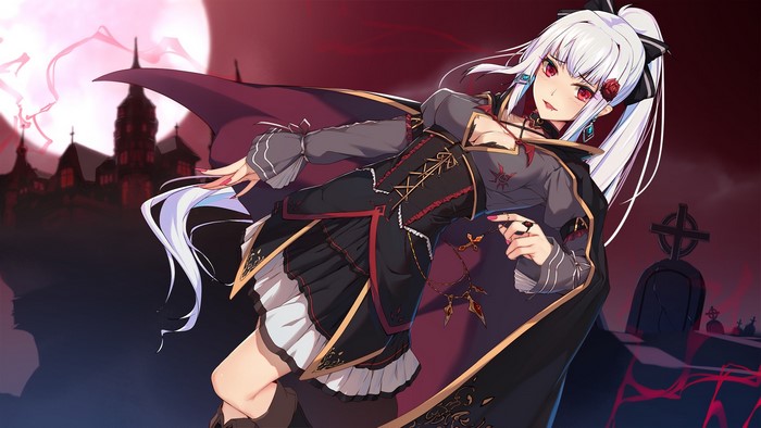 Anime girl with white hair and red eyes in a gothic dress