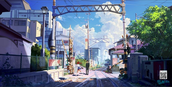 Anime artwork of a Japanese town with a train crossing