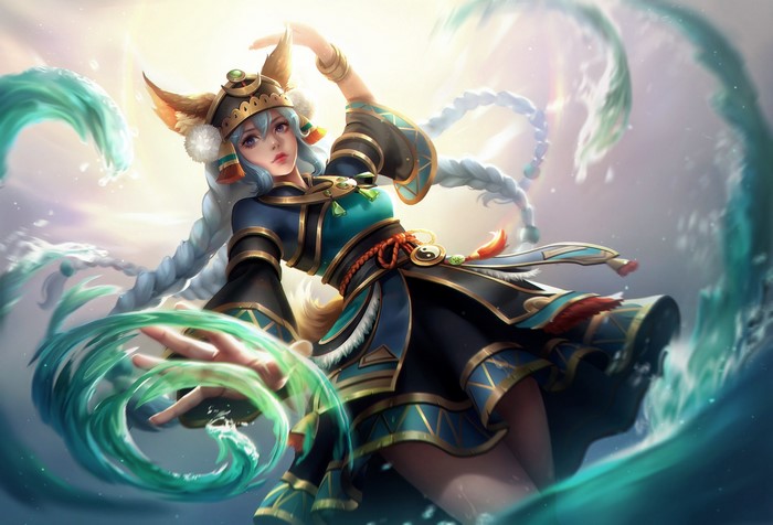 Fantasy girl with fox ears and braided hair using water magic