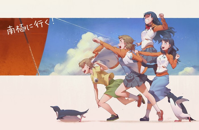 Girls from Sora yori mo Tooi Basho chasing penguins
