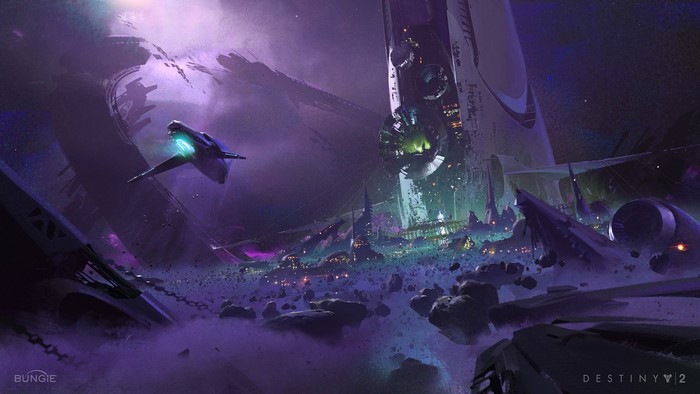 Spaceship near futuristic city in Destiny 2