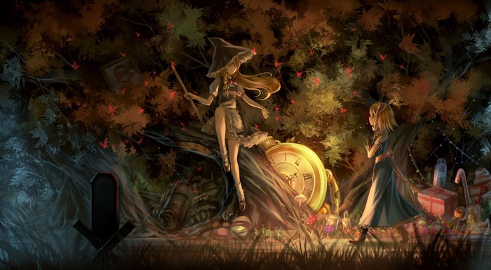 Alice Margatroid and Kirisame Marisa from Touhou in a forest