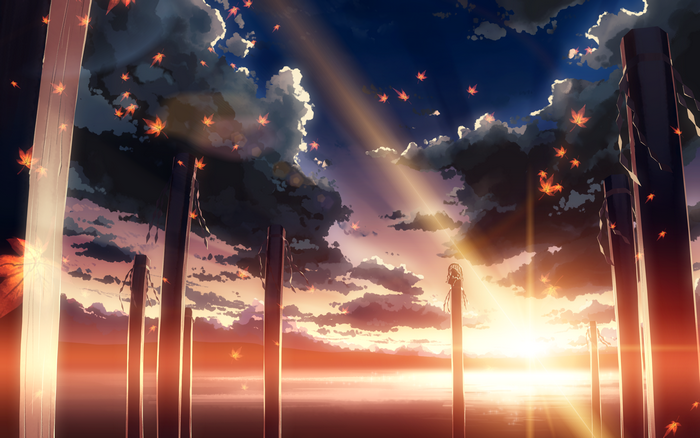 4K Anime Sunset with Falling Leaves and Pillars