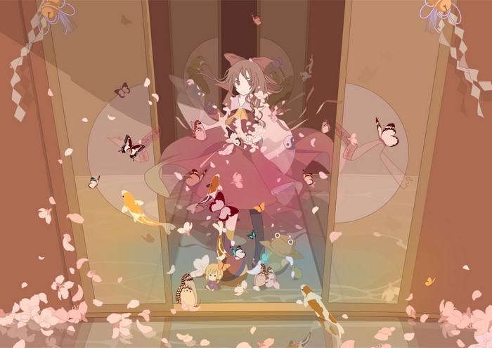 Hakurei Reimu from Touhou with butterflies and koi