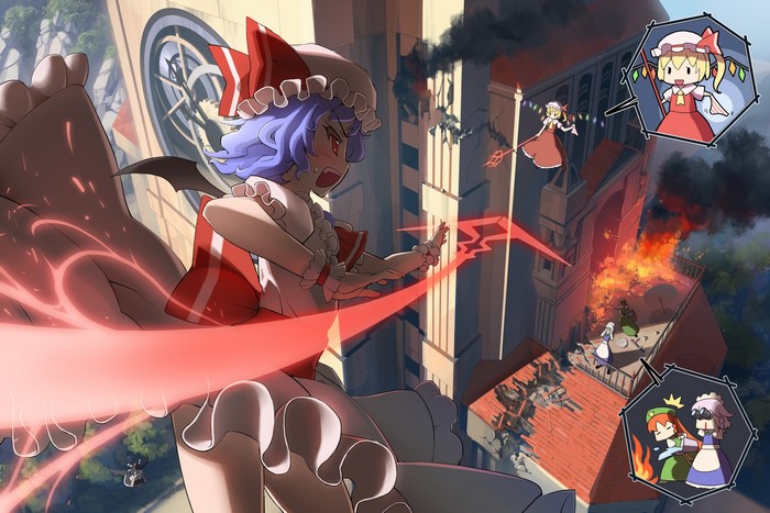 Remilia Scarlet and Flandre Scarlet fighting in a burning castle from Touhou