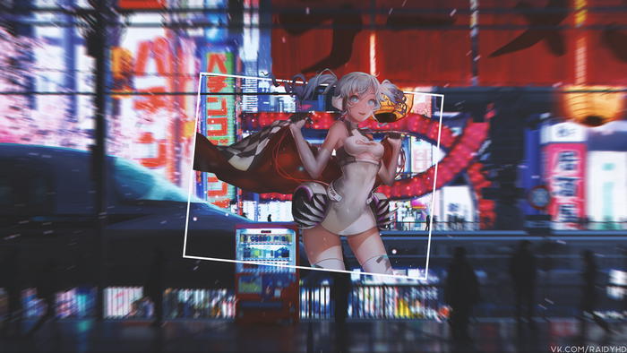 Anime girl with checkered flag in a neon city