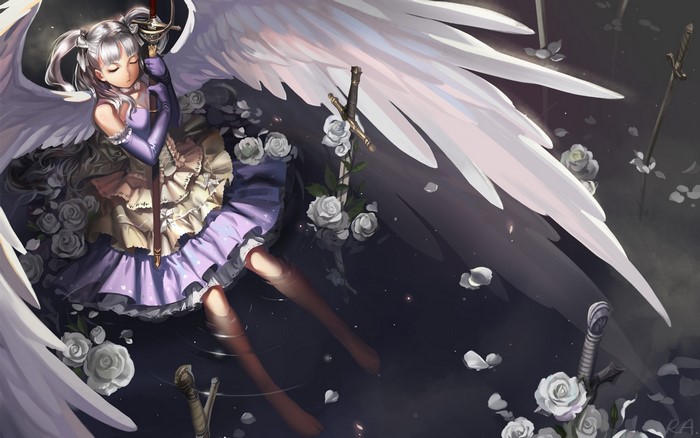 Angel girl with sword and white roses in water