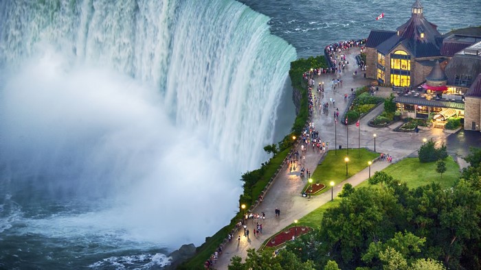Niagara Falls aerial view with crowds and buildings