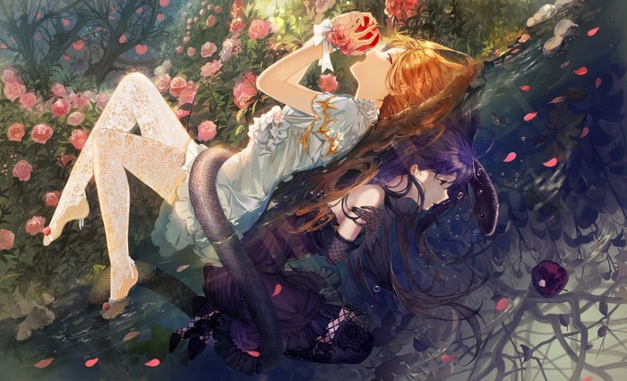 Two anime girls with a snake and apples in a garden
